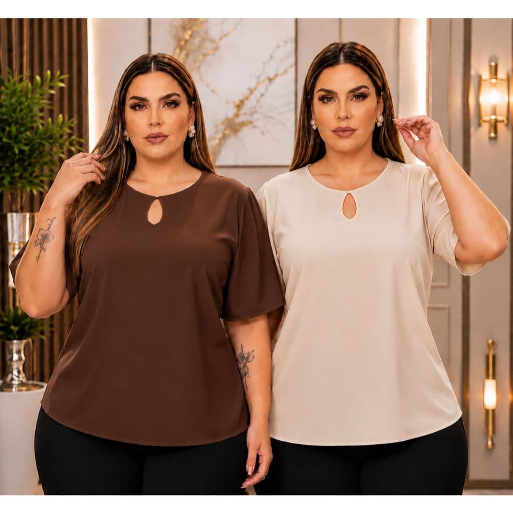 kit 2 Blusas variadas plus size feminina gola redonda com mangas soltinha dia- a- dia básica casual confortável barata