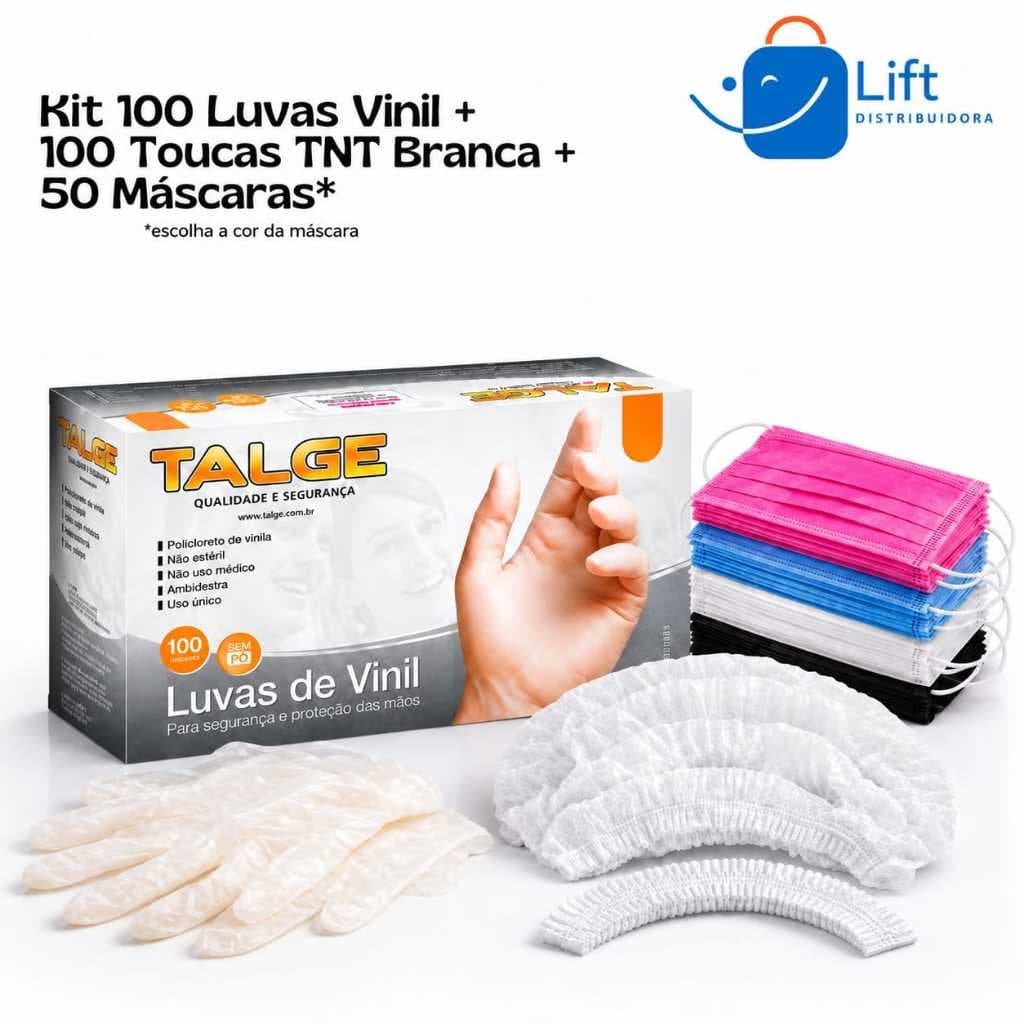 Kit 100 Luvas Vinil Sem Pó + 100 Toucas TNT Branca + 50 Máscaras Descartáveis