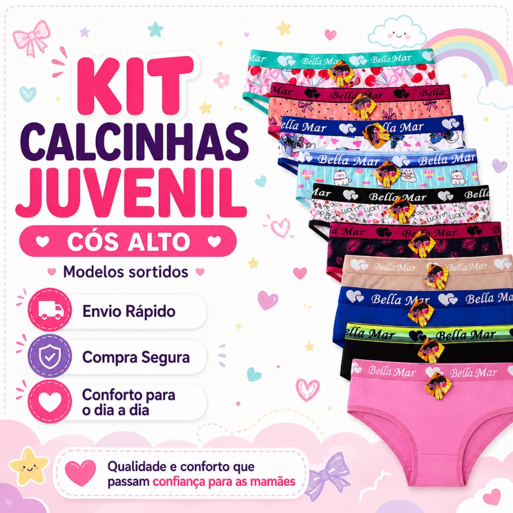 Kit 5 Calcinhas Juvenil Cotton Calcinha Cós Alto Para Meninas em Algodão com Forro Elástico Exposto