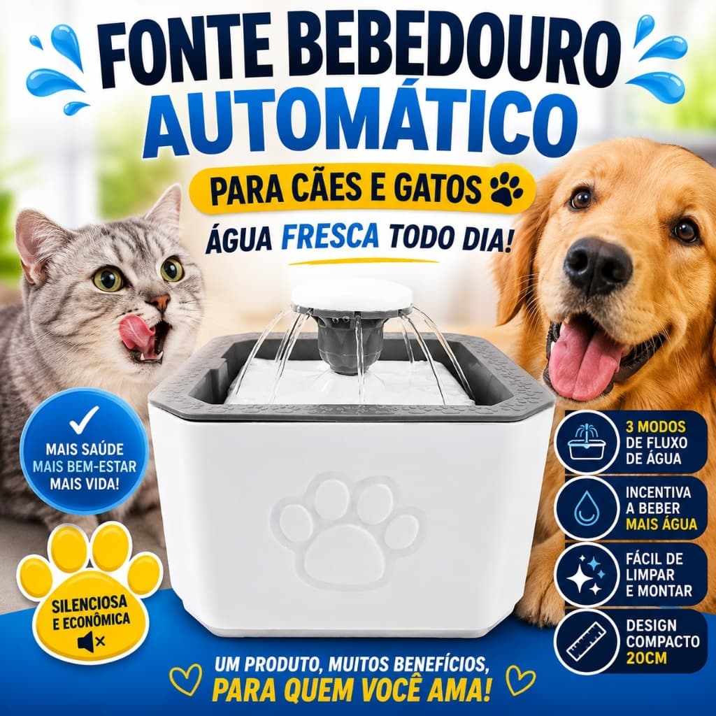 Bebedouro Fonte Automático Pets 20cm 3 Modos Água Fresca para Cães e Gatos