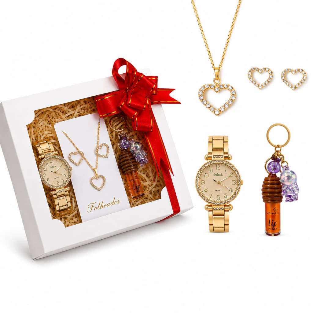 Kit  Relógio Feminino Strass + Conjunto Colar e Brincos Folheado + Lip Honey Mel -  Presente Feminino Luxo Namorada mãe