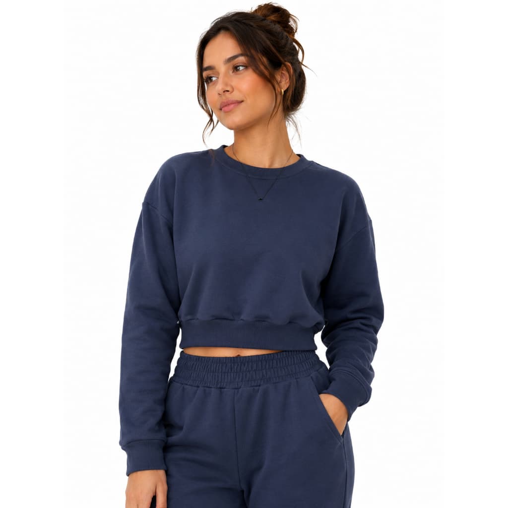 Casaco Cropped Moletom Manga Longa Feminino Adulto Azul Marinho