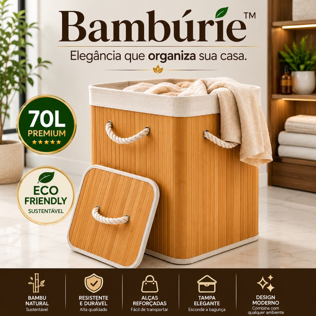 Cesto Organizador Roupa Suja Bambúrie 70L com Tampa em Bambu Natural Premium