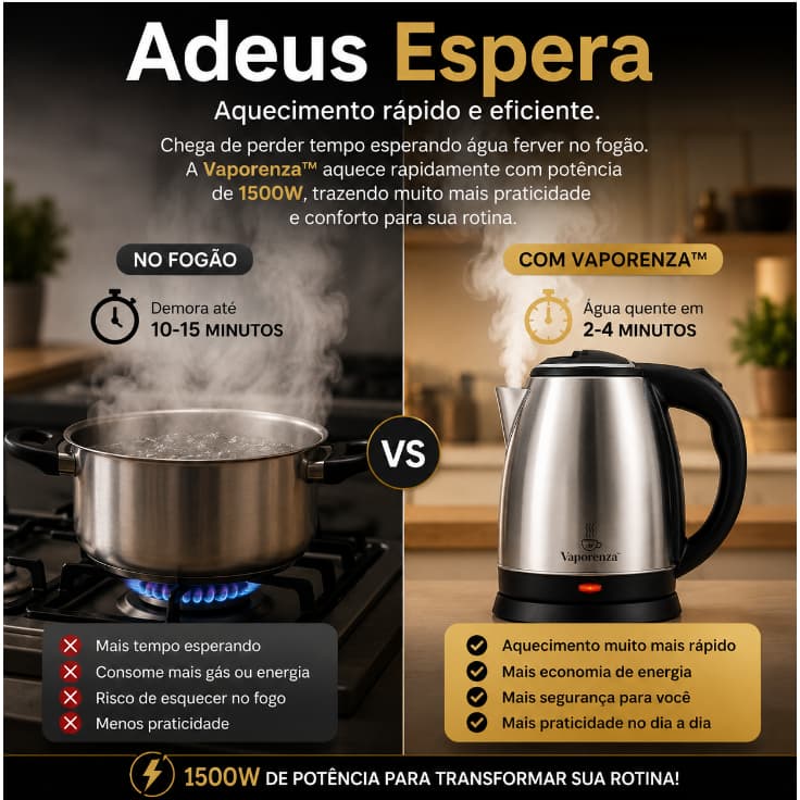 Chaleira Elétrica Vaporenza™ Inox 1,8L 1500W Aquecimento Rápido Desligamento Automático - 220V