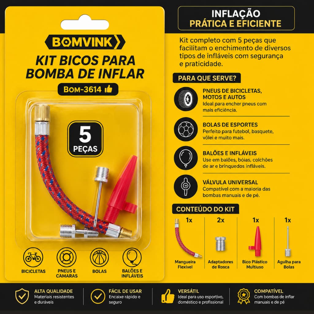 Kit Bico e Agulha Para Encher Inflar Bola Piscina Brinquedos e Infláveis Com 5 Peças