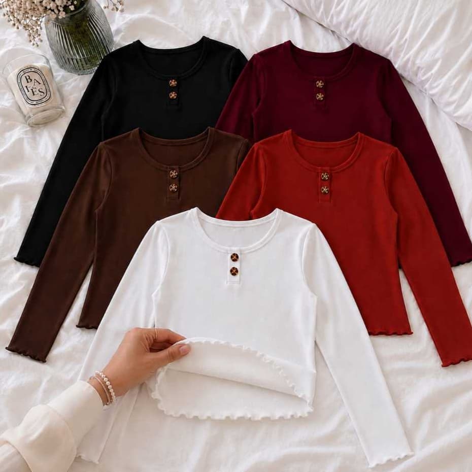 Blusa Basica Manga Longa Comprida Frio Botão Feminina Estilosa Camiseta Malha Canelada Termica Segunda Pele Gola Redonda