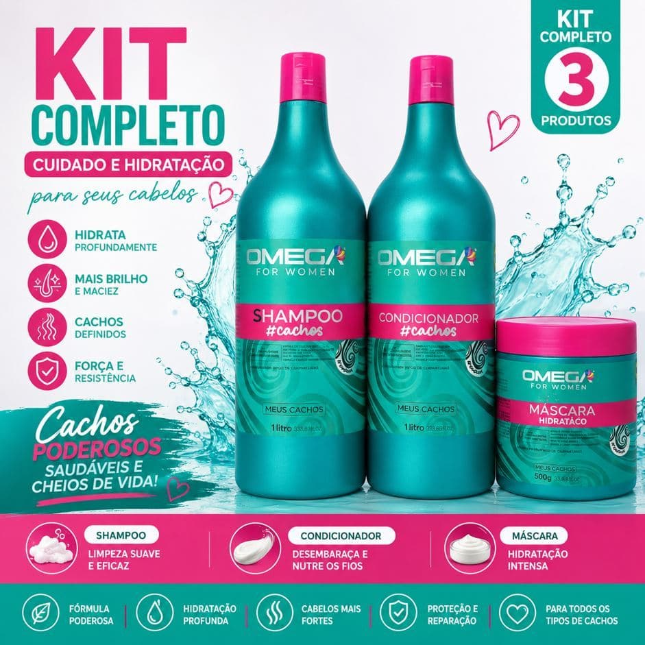 Kit Capilar Ativador de Cachos Shampoo + Condicionador + Mascara 500G Omega Hair