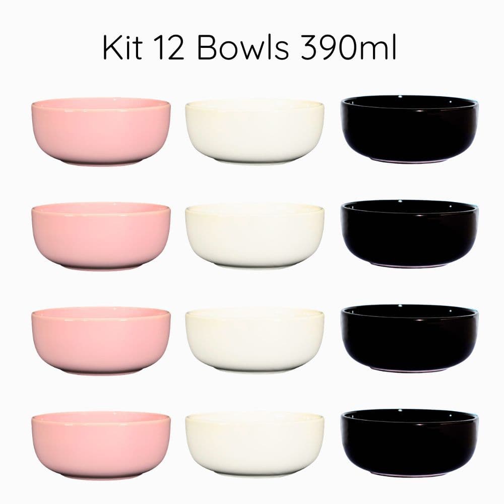 Kit 12 Bowls em Cerâmica 390ml | 3 Cores Sopas Caldos Sobremesas Mesa Posta