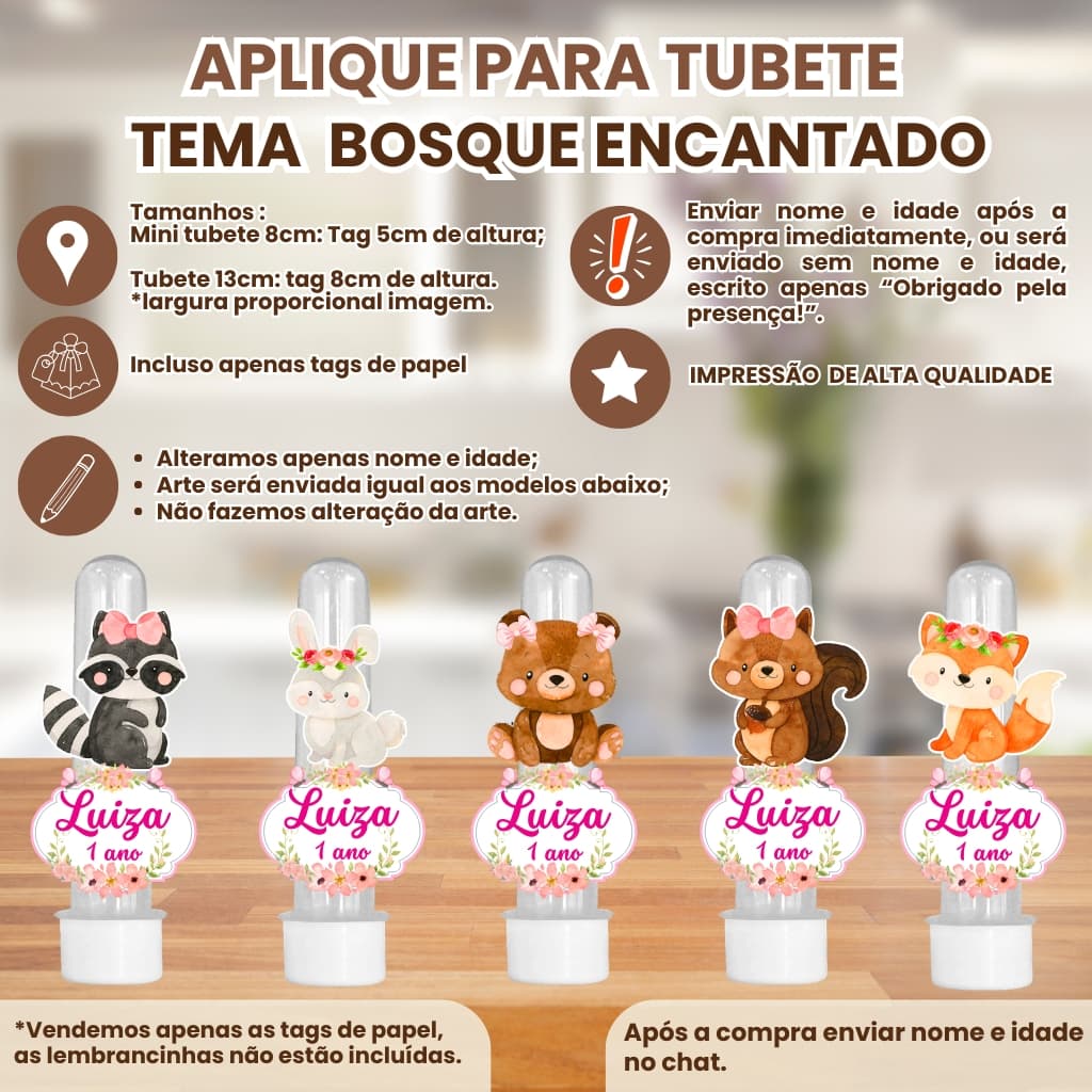 Apliques para Mini Tubete 8cm ou Tubete 13cm 3d Tema bosque encantado | Tag Personalizado com Nome e Idade