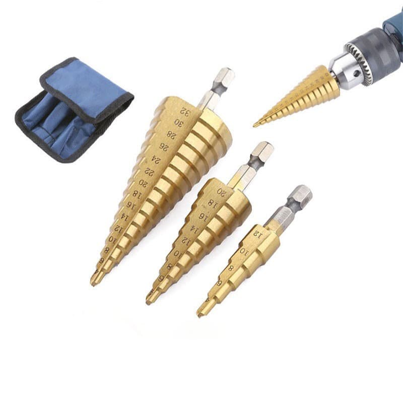 Jogo Kit 3 Brocas Escalonadas Titânio HSS 4-12 4-20 3-12mm Com Bolsa e Corte Lateral