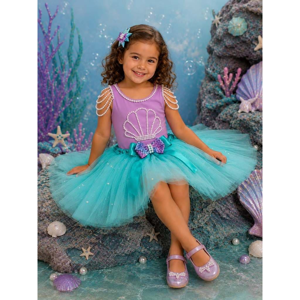 Fantasia de sereia fundo do mar infantil luxo bailarina concha