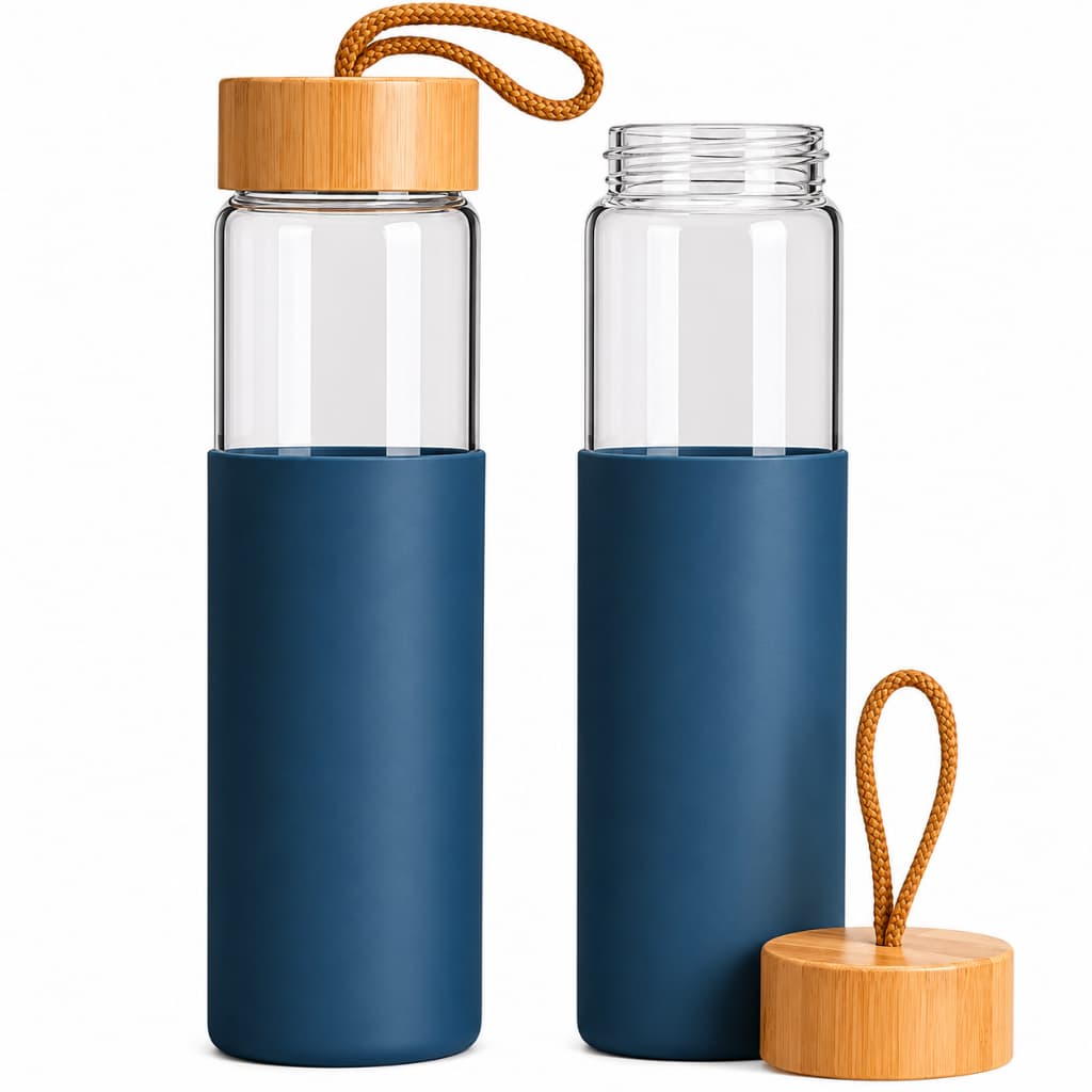 Garrafa 750ml Em Vidro Tampa Bambu Com Luva De Silicone Azul Garrafa De Água