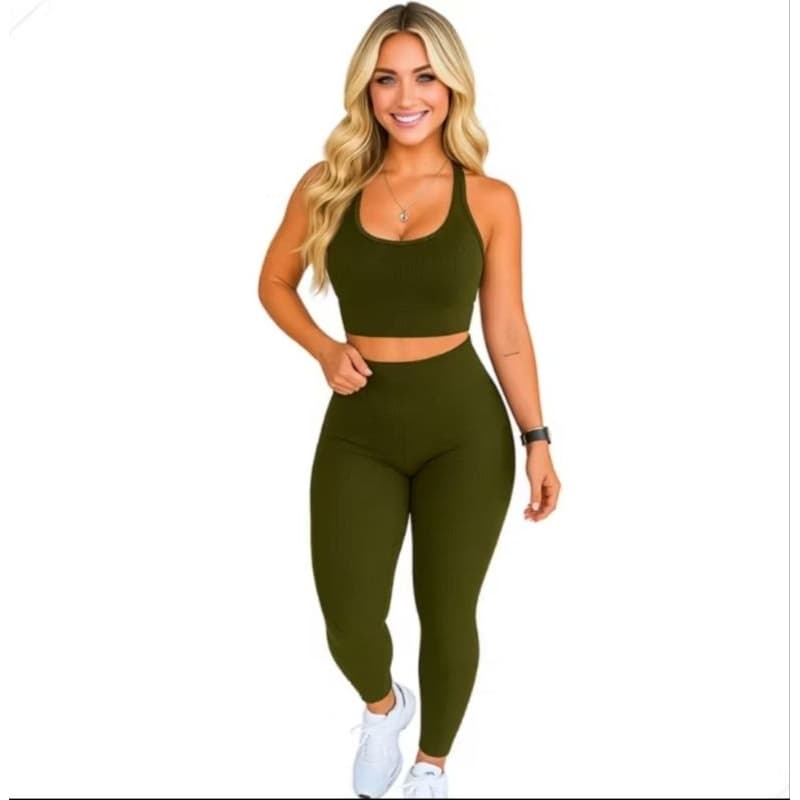 Conjunto Fitness Feminino Canelado Sem Costura – Top + Legging Alta Compressão