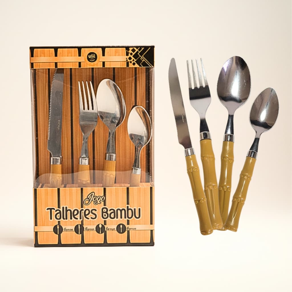 Faqueiro 24 Peças Cabo Bambu Aço Inox Jogo de Talheres Resistente Premium