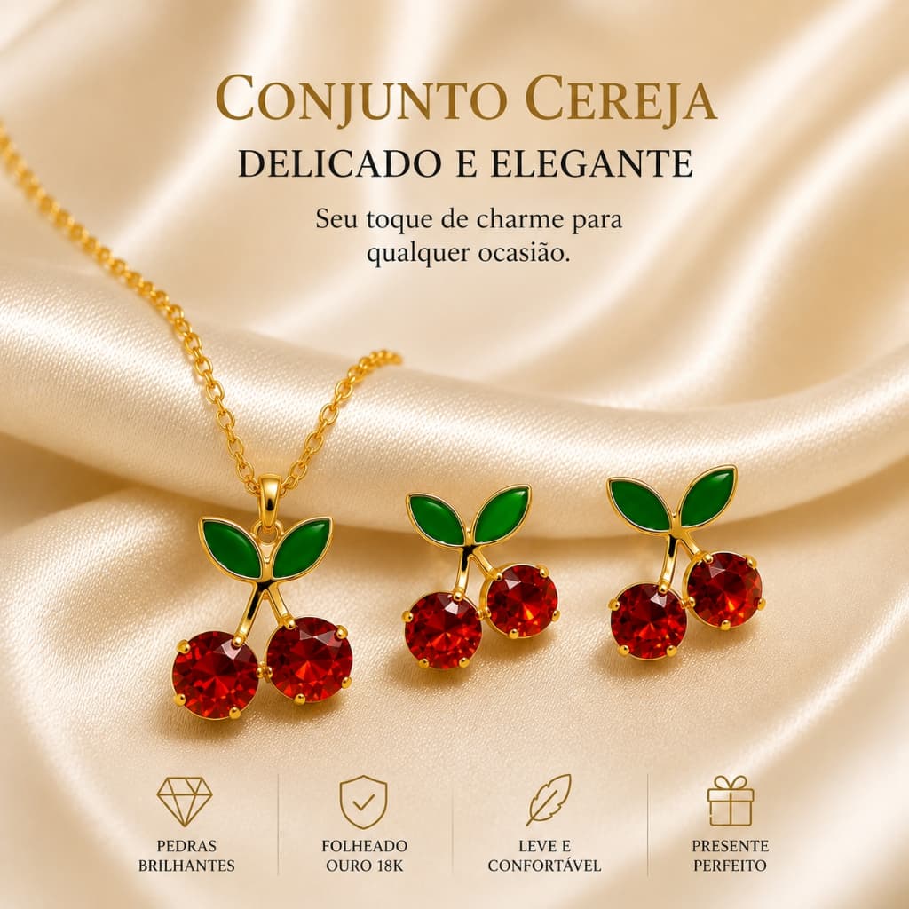 Conjunto Colar e Brinco Cereja Feminino - Cherry Folheado a Prata 925 e Ouro 18K