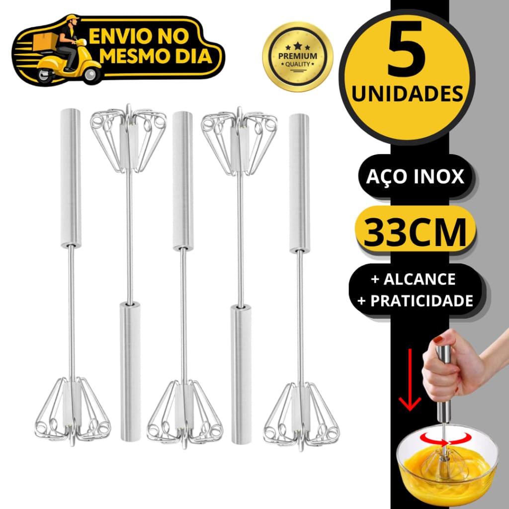 KIT 3 ou 5 Batedor Semi Automatico de Ovos Clara Aço Inox Fue Fuet Manual Mixer Profissional Multiuso