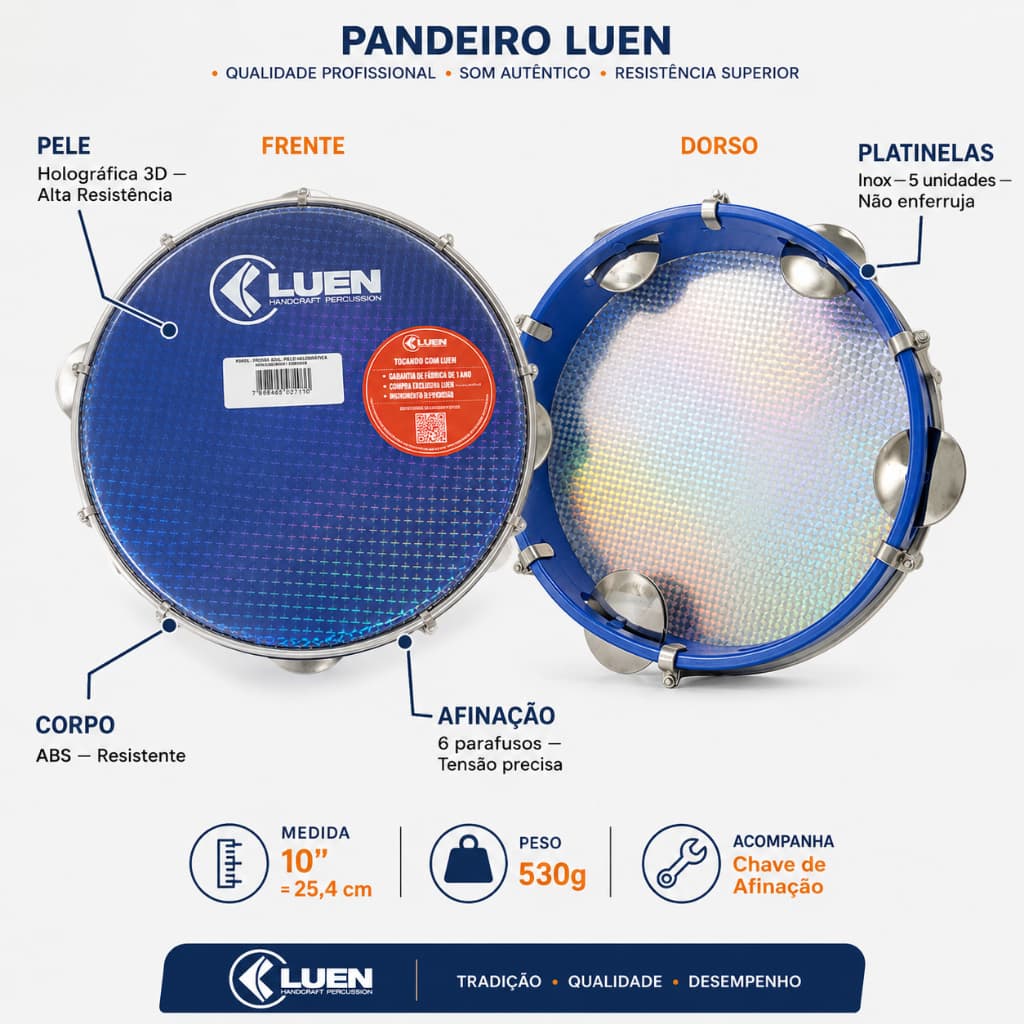Pandeiro 10" Luen Pele Holográfica ABS Platinelas Inox + Chave