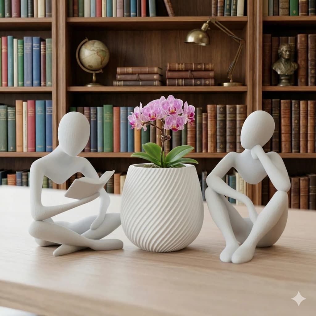Kit Decorativo - Decoração Estatuetas Leitor + Pensador + Vaso em Espiral Moderno Minimalista