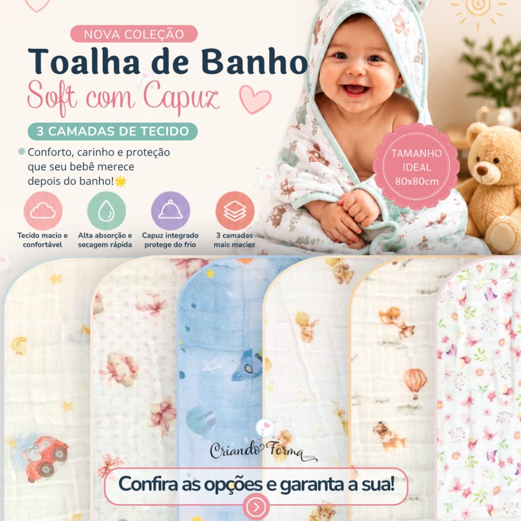 Toalha de Banho Soft com Capuz - 3 Camadas de Fralda - Tecido 100% Algodão - 80cm x 80cm