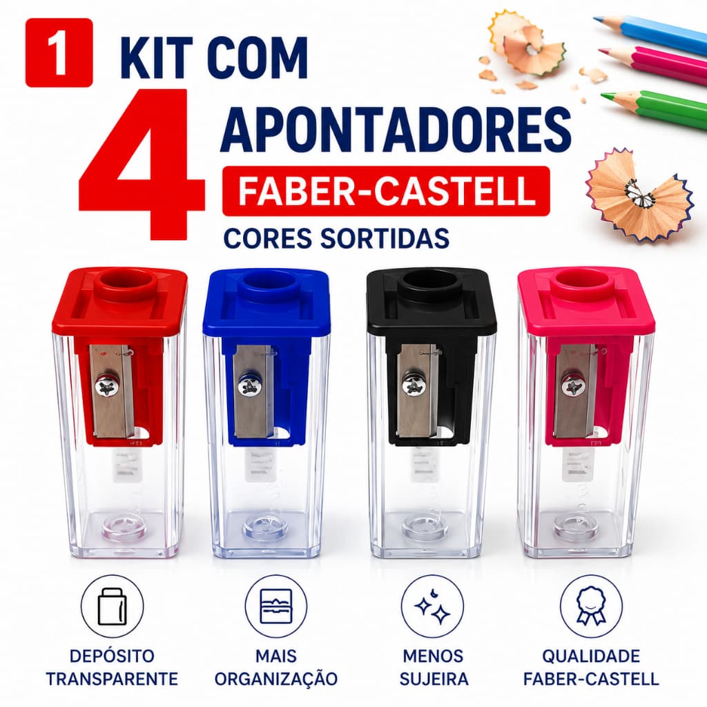 Kit com 4 Apontador Faber-castell com Depósito Transparente e Cores Sortidos