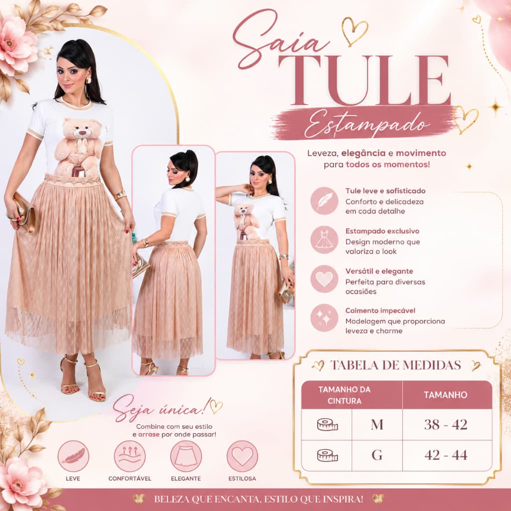 Saia Tule Floral Midi Feminina Moda Evangélica Moderna Elegante Maravilhosa para Culto e Congresso