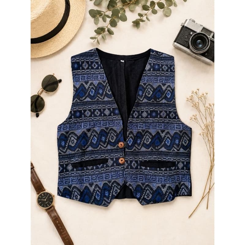 Colete Feminino Alfaiataria Boho Estampado Geométrico XL Costas em Linho Bolsos Funcionais