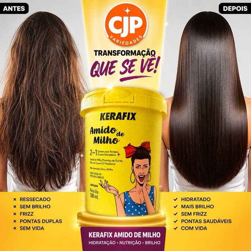 Kerafix Amido de Milho Creme Multifuncional 500ml Para Todos os Tipos de Cabelo Hidratação e Definição