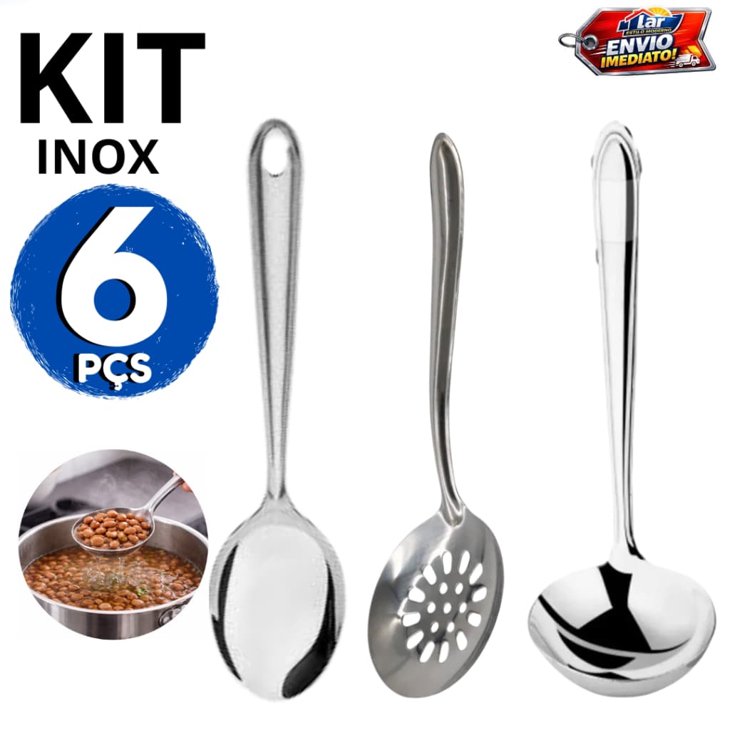 Kit Utensílios Para Cozinha 3 Peças Aço Inox Colher De Arroz Escumadeira Concha Restaurante Buffet Casa