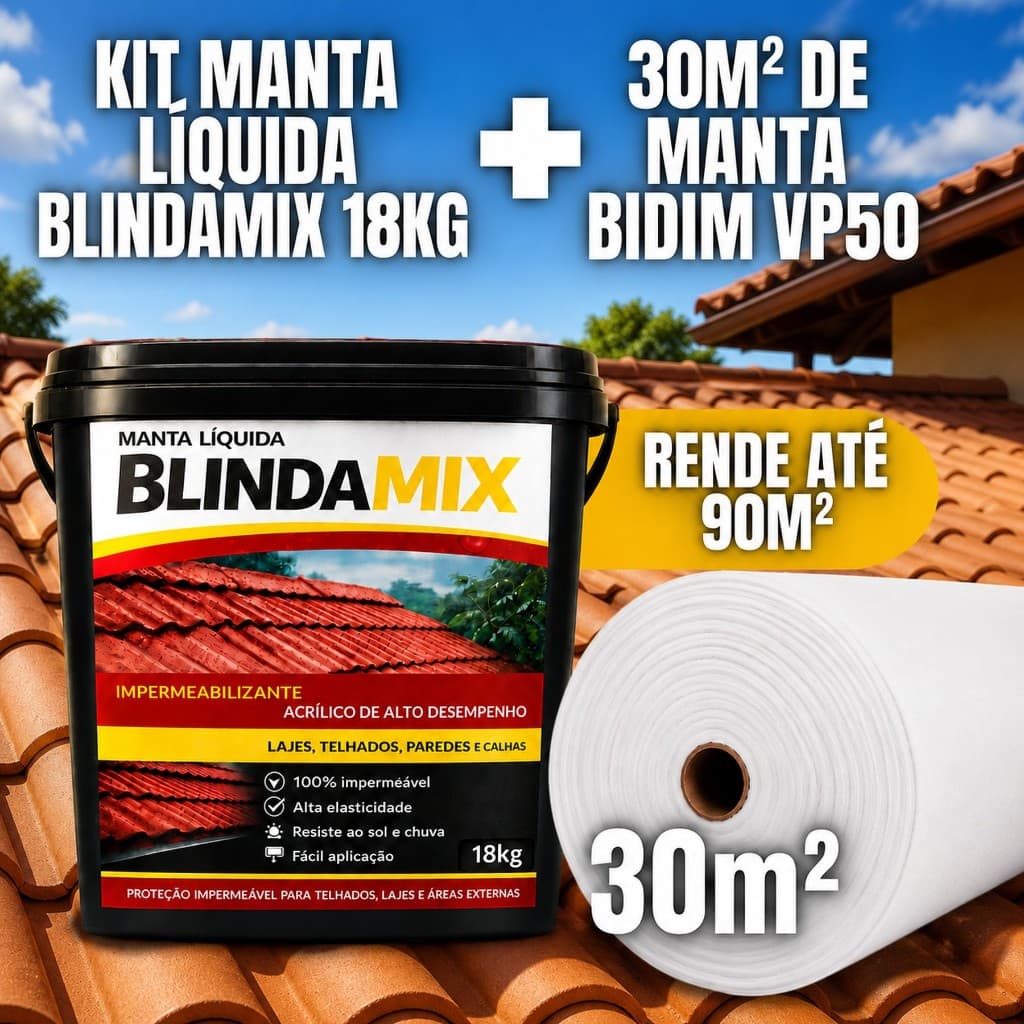 KIT Borracha Líquida BlindaMix 18Kg + Bidim VP50 30m² Laje Telhado Proteção Contra Infiltra