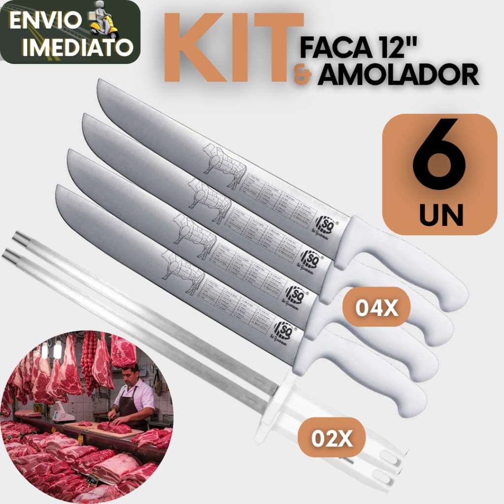 Kit Facas Profissional 12" BOI em Aço inox Corte Carne e Chaira Aço Amolador Restaurante Churrasco