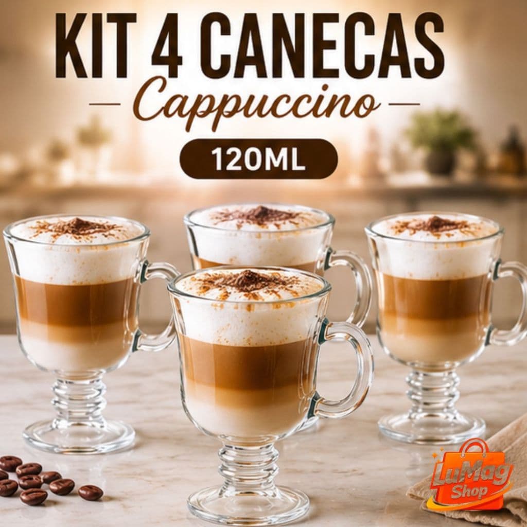 Kit 4 Canecas de Vidro Cappuccino 120ml Transparente Café Chá Latte Elegante Resistente