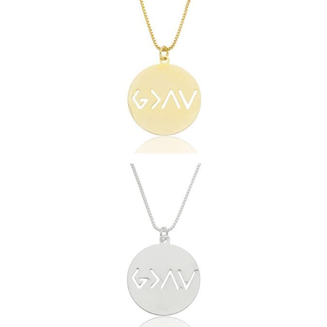 Colar Deus é Maior Banhado a Ouro 18K Prata 925 - Pingente 1,9cm Corrente 45cm Antialérgico