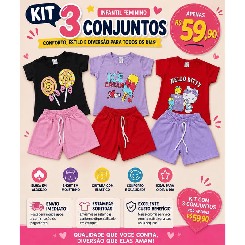Kit Sortido 6 Peças de Roupas Infantil Menina 3 Camisetas + 3 Bermudas - Kit 3 Conjuntos Infantil Menina