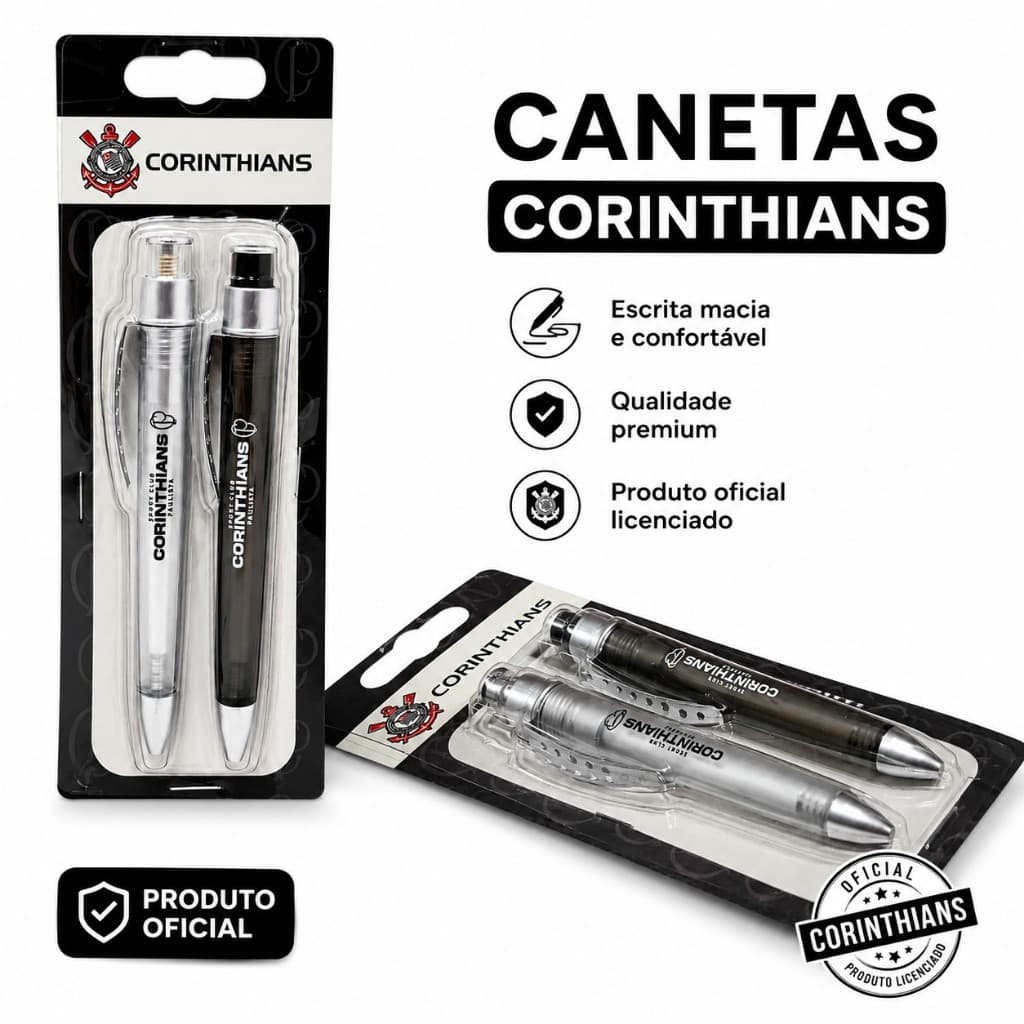 Kit 2 Canetas Corinthians Oficial Original Presente Torcedor Futebol Clube Material Caneta Escolar