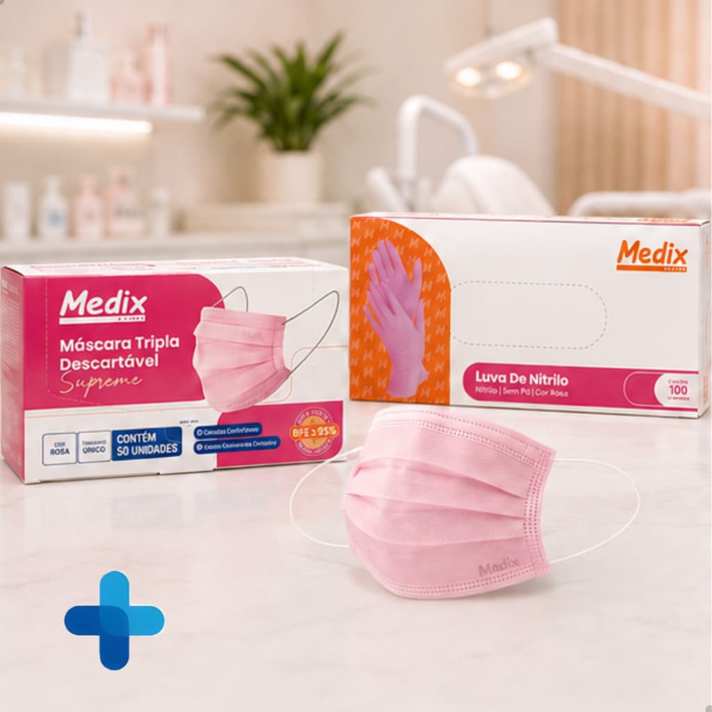 Kit Máscara Descartável Tripla Camada Medix Rosa + Luva de Nitrilo Rosa Sem Pó Procedimento