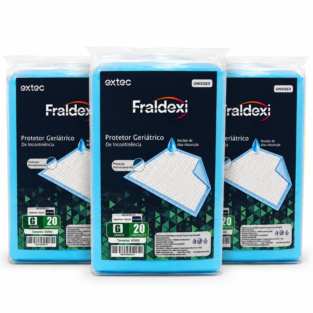 60un Protetor Incontinência Idosos Descartável 60x60cm Cuidados Especiais 3 pct com 20un