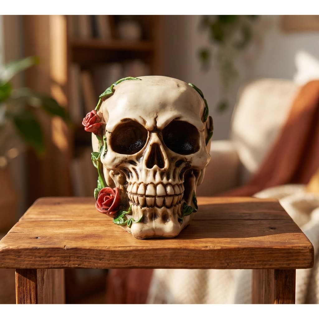 CRANIO de Resina com ROSA NO ROSTO Decoração