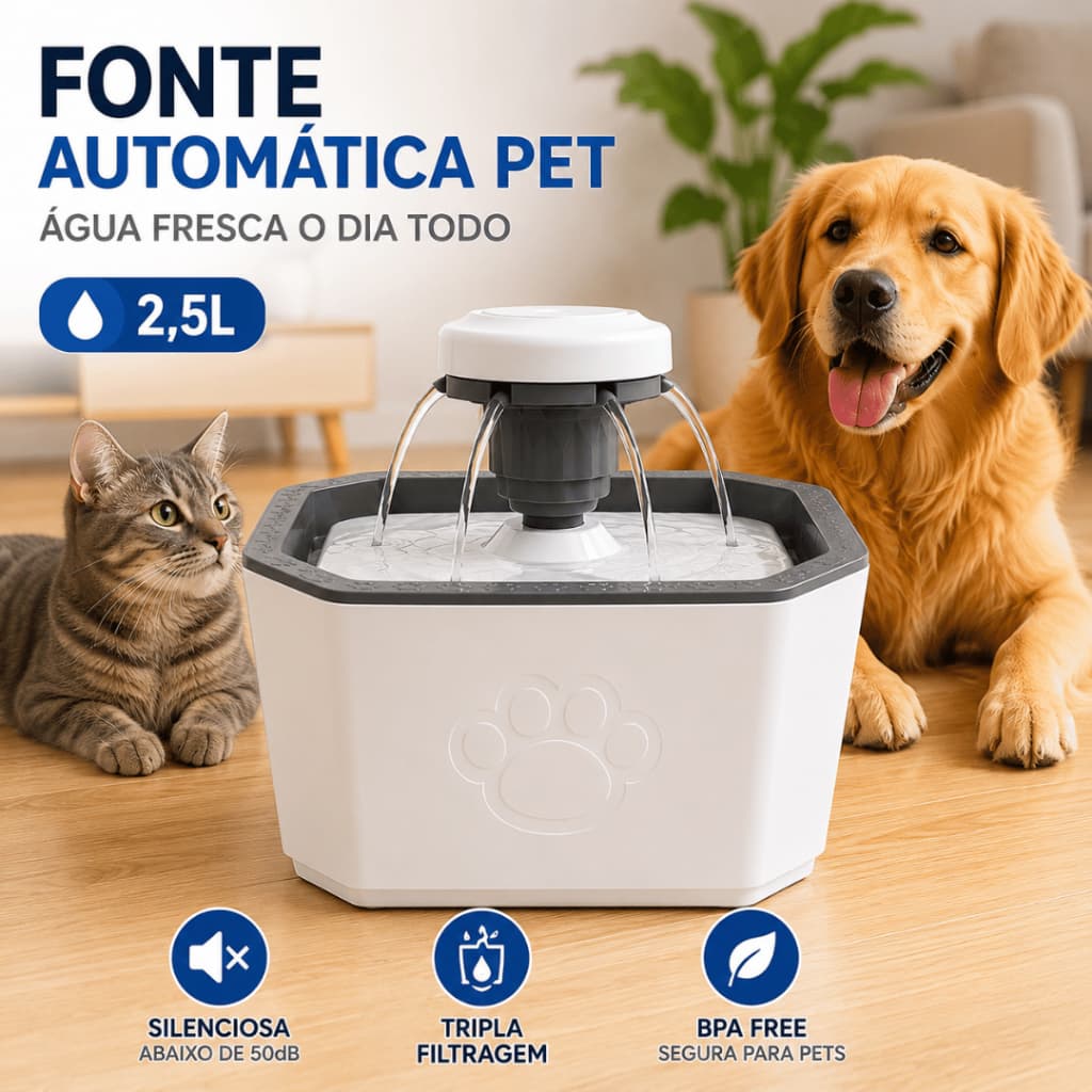 Fonte Bebedouro Automática Pet 2,5L Para Cães e Gatos Com Filtro USB Silenciosa BPA Free
