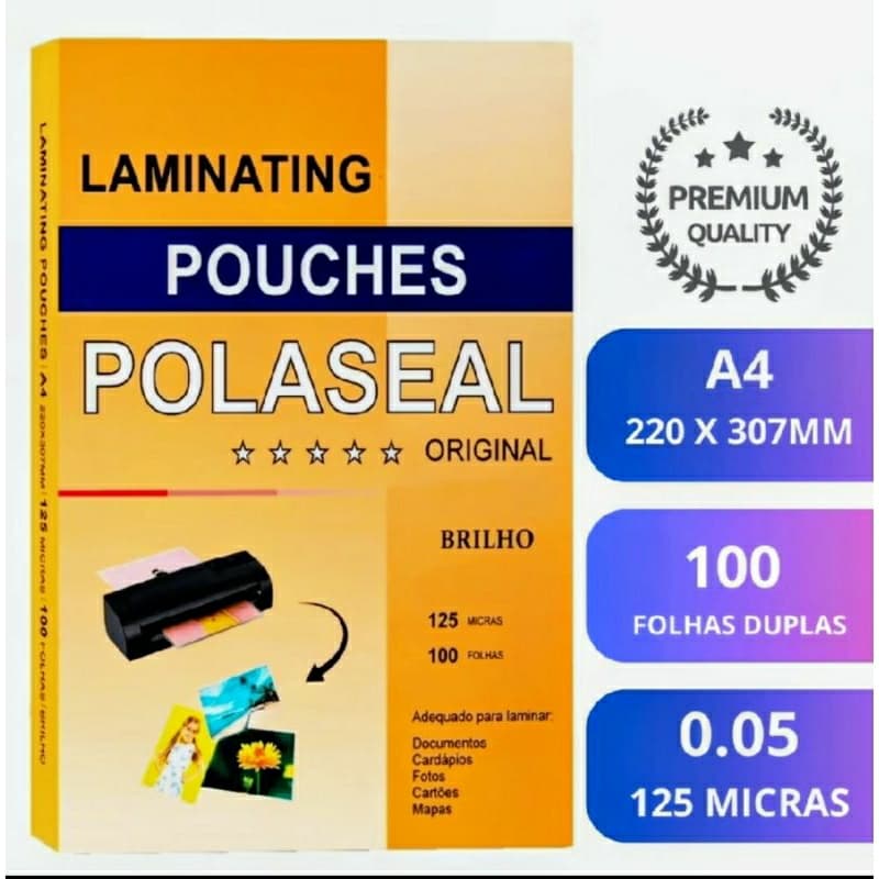 Polaseal A4 125 Micras 0,05mm 220x307 Plastificação Glossy Pouch Film 100 Folhas P/Cardápios /Certificado/Catálogos