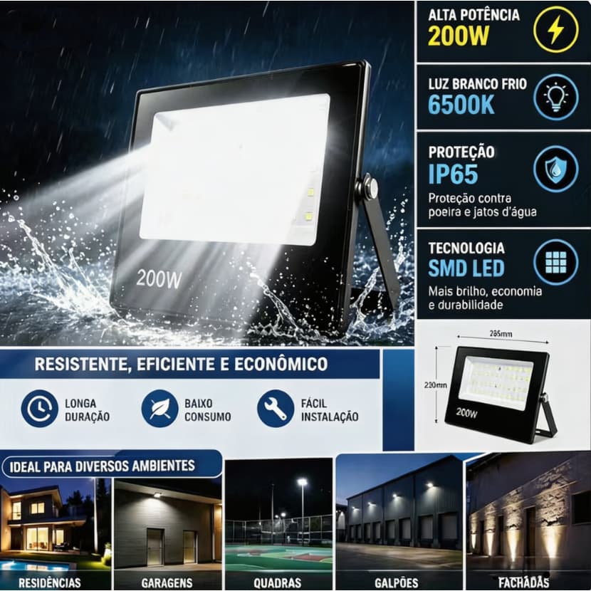 Kit Refletor LED SMD 200W IP65 Holofote Externo Bivolt Branco Frio 6500K Luz Forte