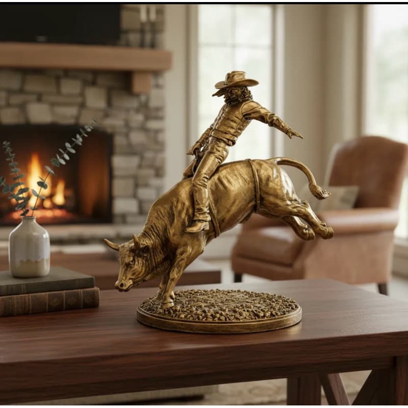 Escultura Peão em Touro Decorativa Premium – Estátua Country Rodeio Luxo para Sala, Escritório e Estante