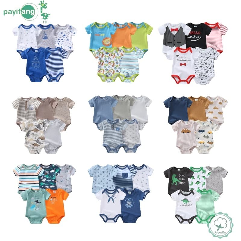 Pijama Bebê Kit 5 Peças Body Manga Curta Algodão Liso Listrado Menino Menina Tamanhos P/M/G/GG 0-12M