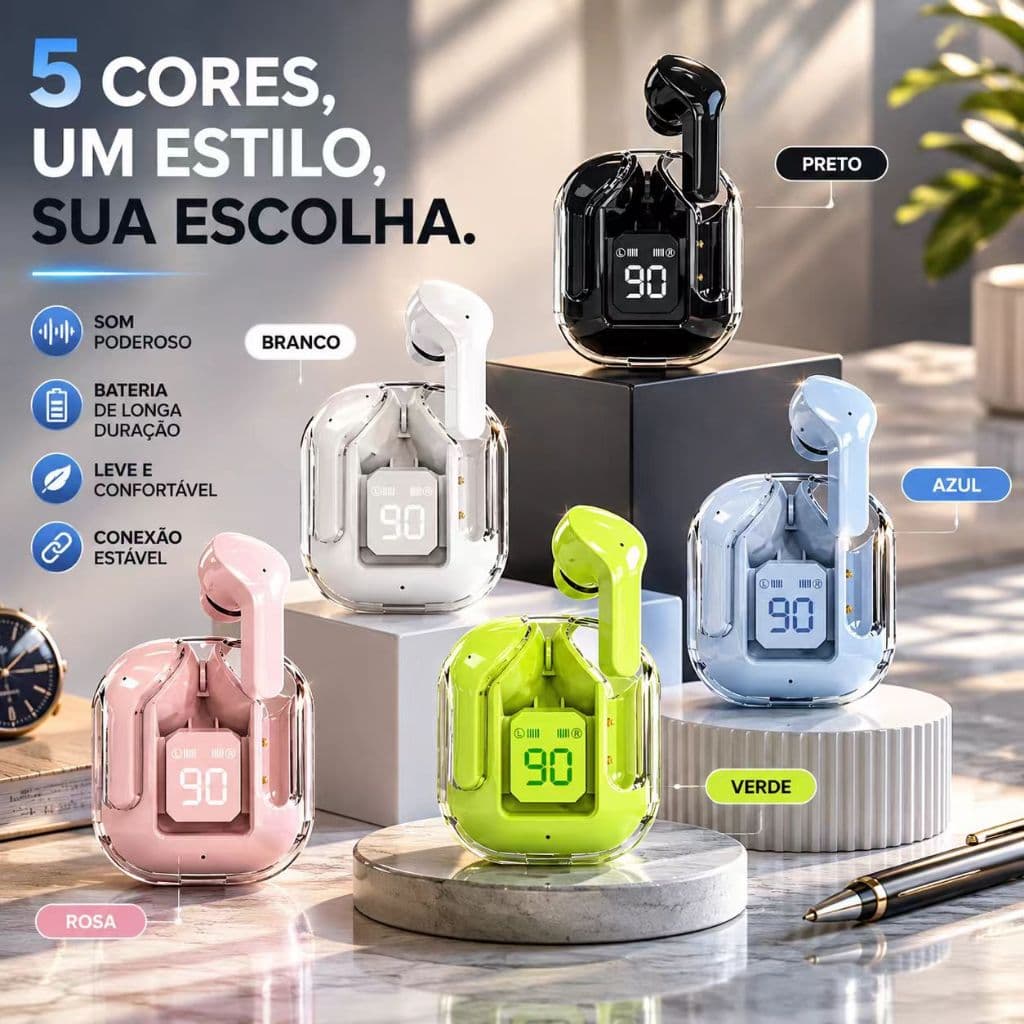 Fone de Ouvido In-ear Sem Fio Bluetooth TWS, Microfone Integrado ideal para chamadas e uso diário