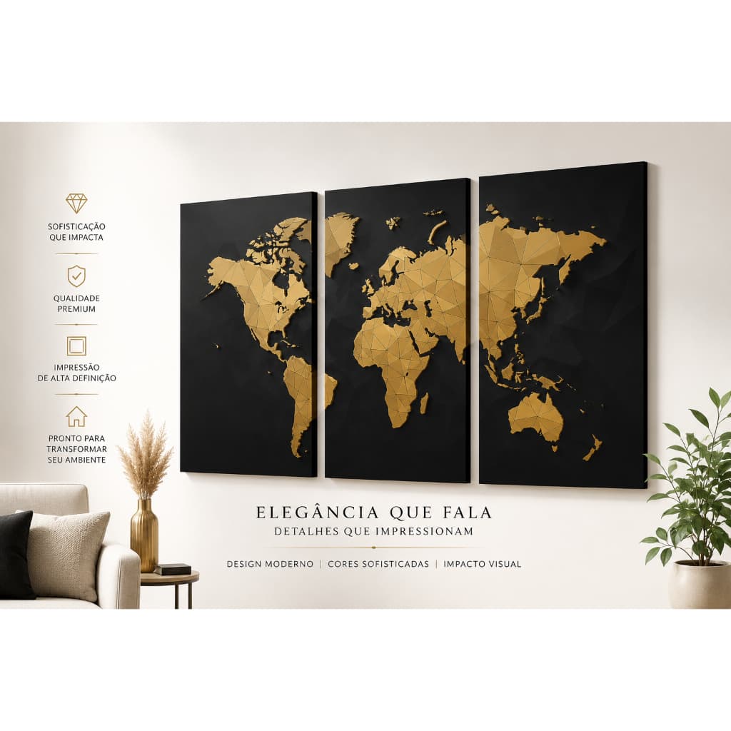 Quadros Decorativos Trio Mapa Mundi Dourado Moderno Sala Rústico Estiloso Geografia
