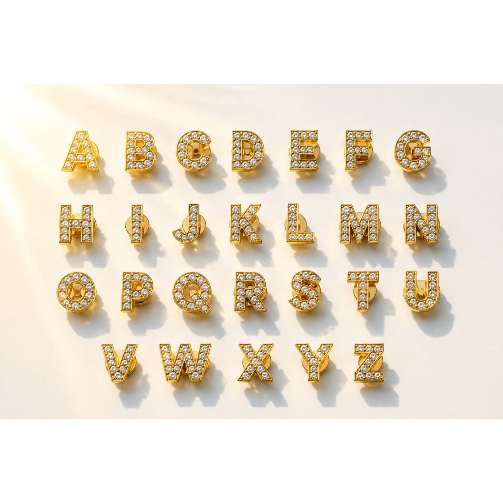 Letras para Babuches Croc Pins Botons Metalizada com Strass Dourada Prata