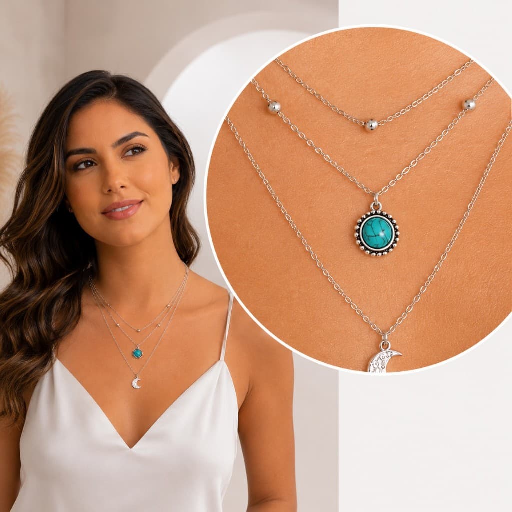 Colar Triplo 3 Camadas Pingente Lua Gargantilha Boho Astral Ajustável Casual Romântico turquesa