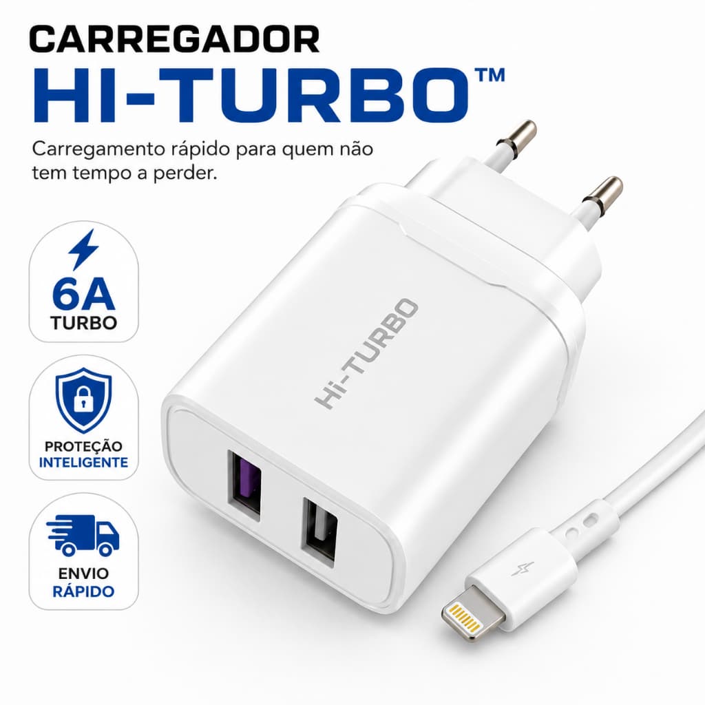 Carregador Rápido Hi-Turbo T-927I 6A Turbo 2 USB Com Cabo Lightning iPhone