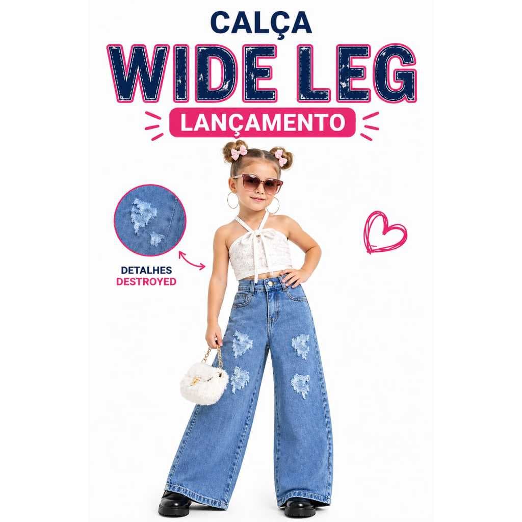 Calça Wide Leg Infantil Menina Jeans Destroyed Blogueirinha Fashion Estilosa Tam 2 ao 8