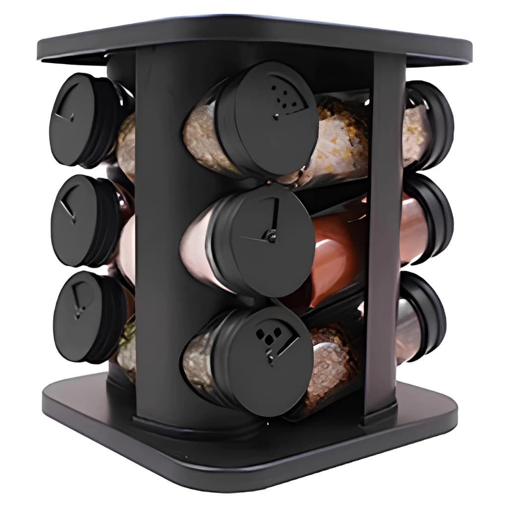 Porta Condimentos Preto Com Suporte Giratório Tempero 12 Potes De Vidro Com Dosador 90G
