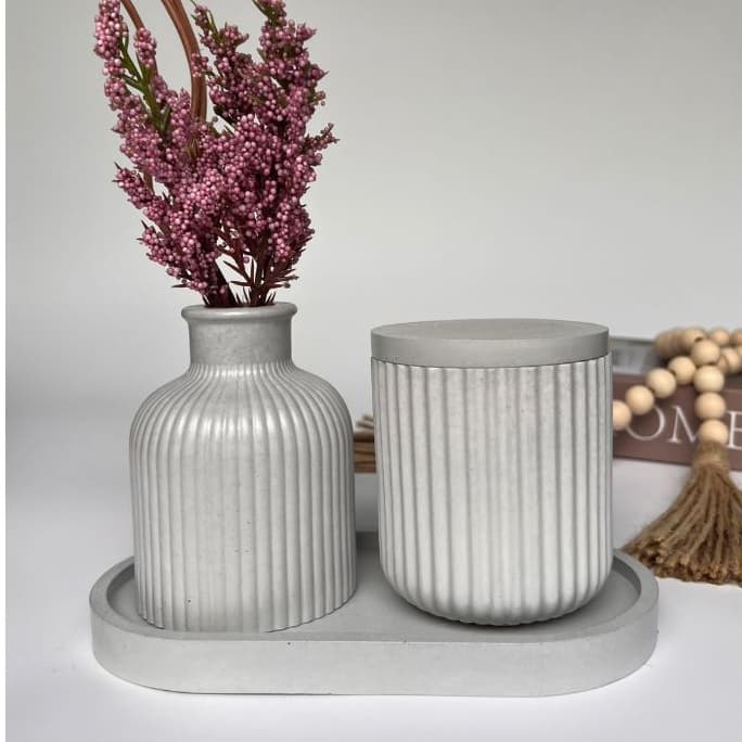 Kit Decorativo Bandeja Vaso Decorativo e Pote com Tampa em Cimento Branco